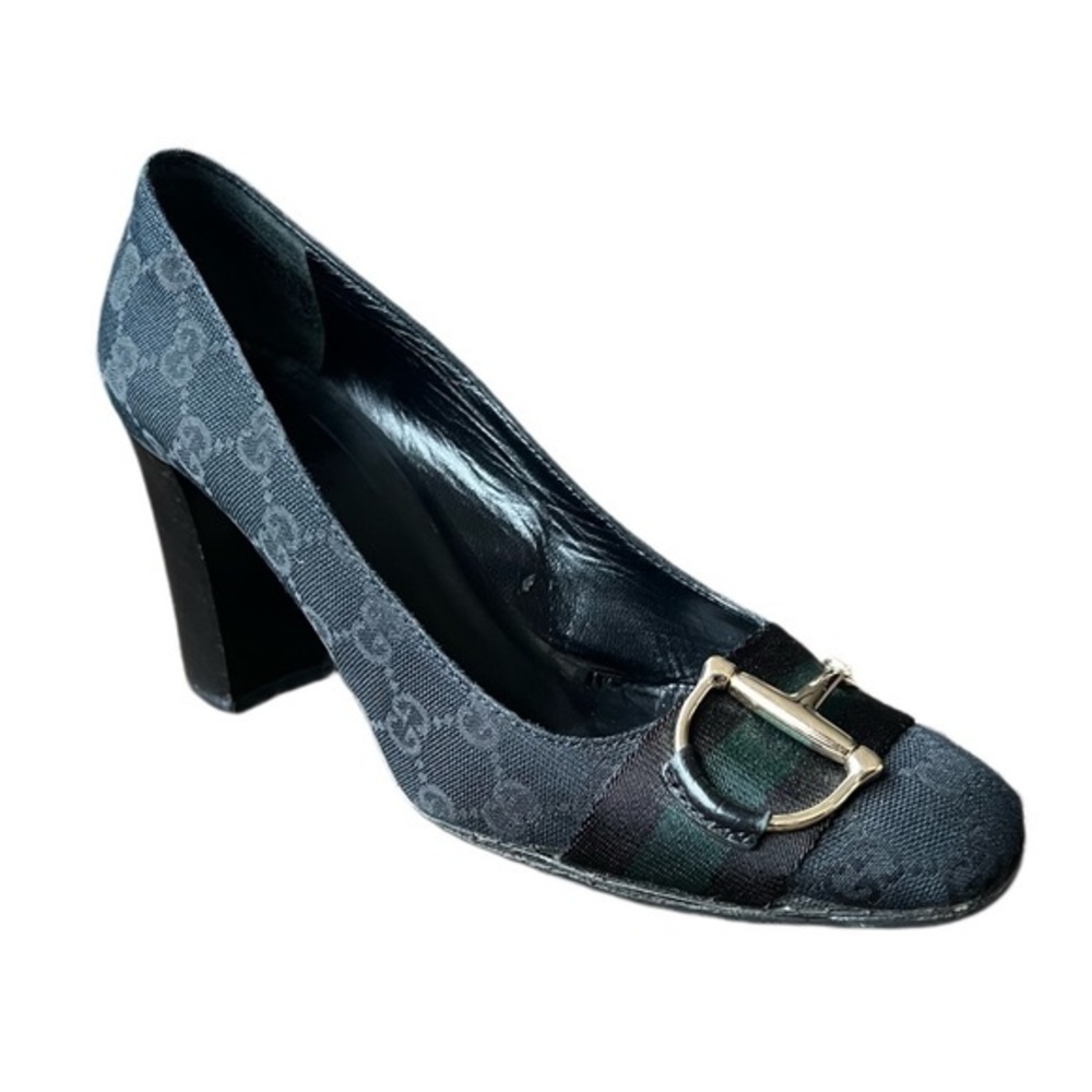 GUCCI black logo canvas gold horsebit accent signature chunky heel|38.5 C (WIDE)